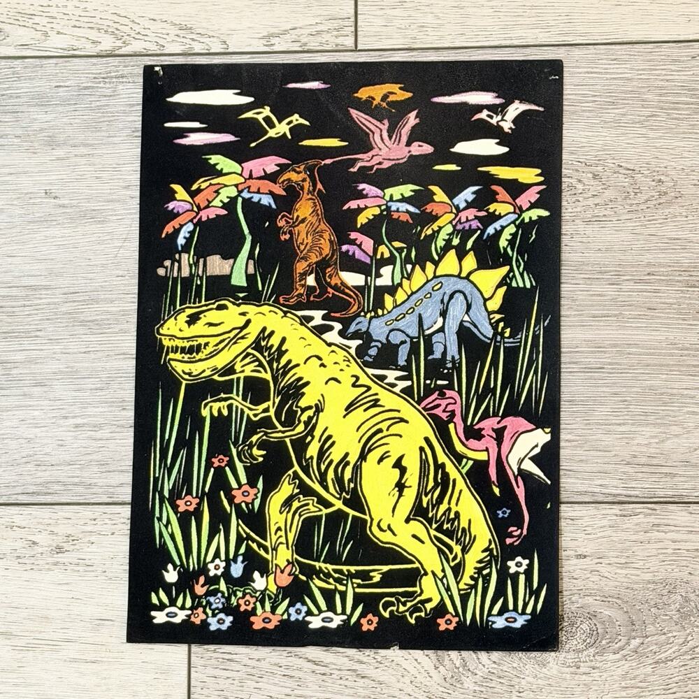 Vintage FELT ART Picture Drawing Dinosaur Tyrannosaurus Fuzzy Velvet Poster